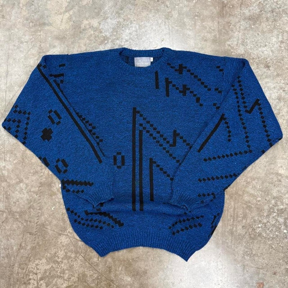Vintage 90s LeTigre Blue Abstract Knit Sweater Mens Large Geometric Pullover